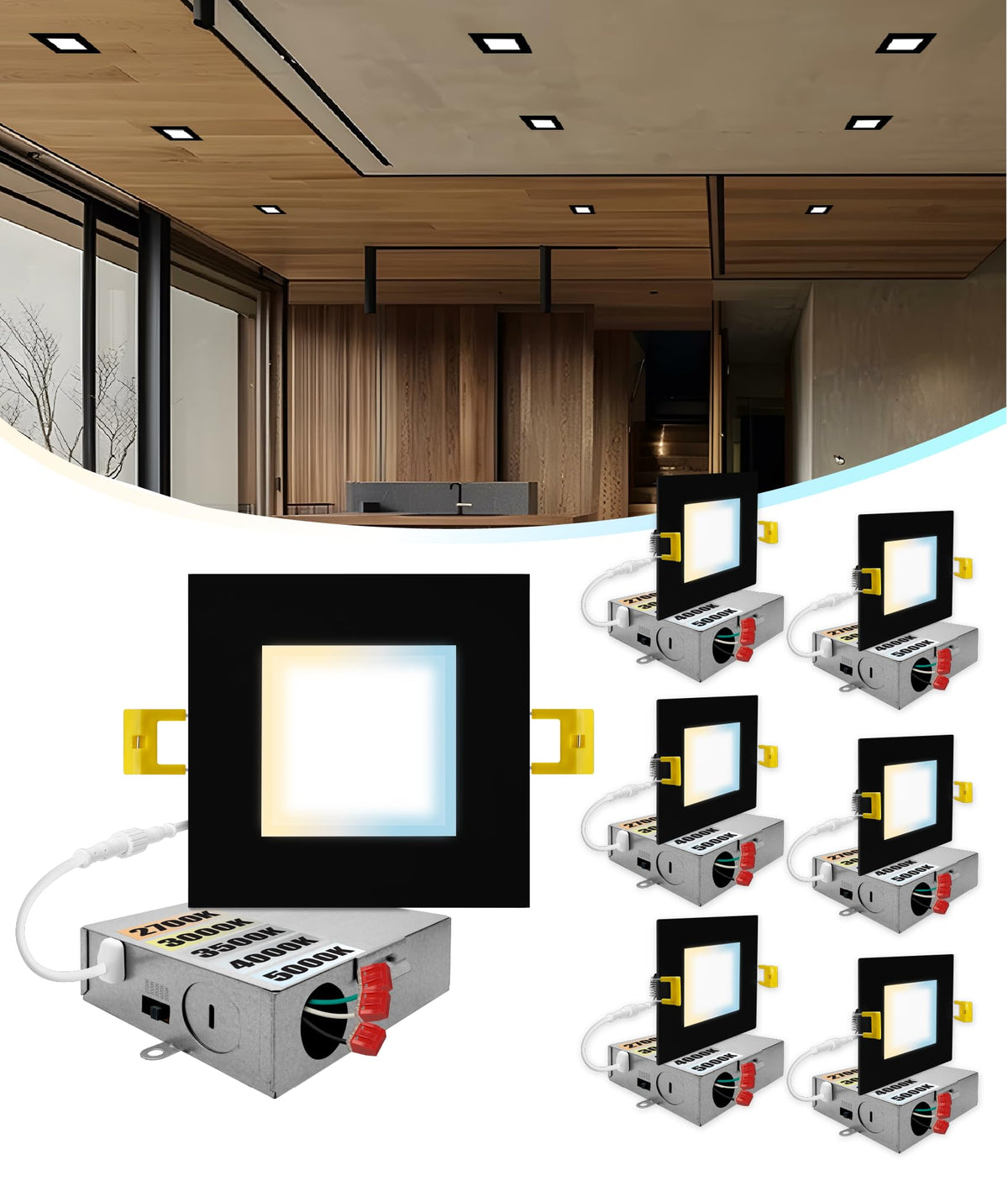 Black 4 Inch Square LED Recessed Lighting 2700K-5000K, ETL, 6 Pack