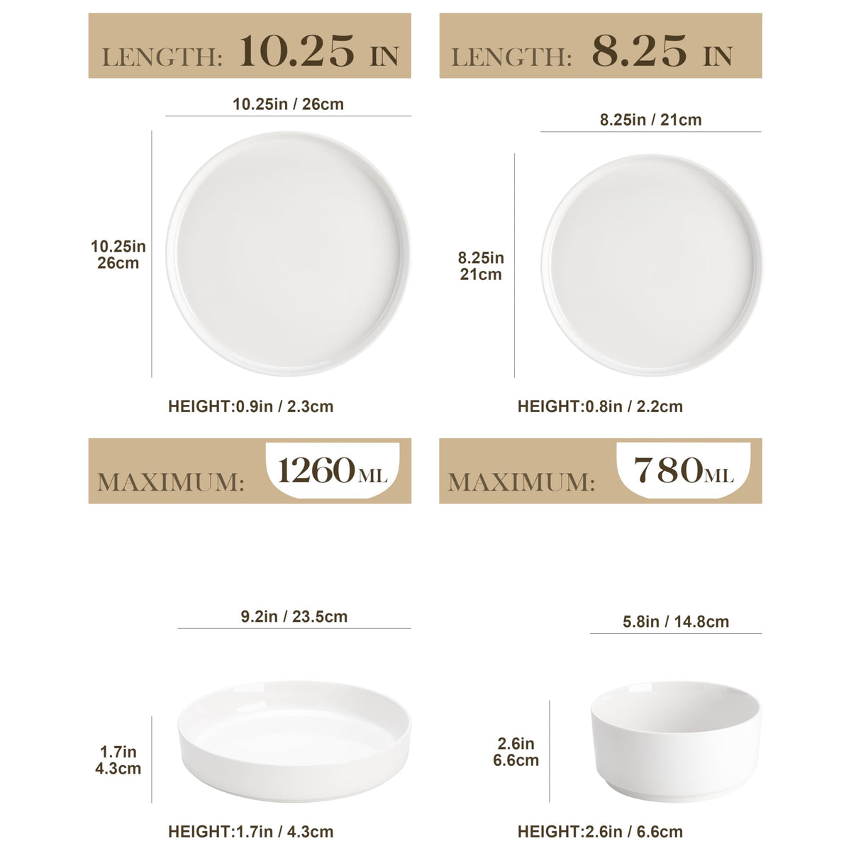 24 Pieces Porcelain Dinnerware Set, Modern White Dish Set for 6, Premium Serving Plates and Bowls Sets, Chip and
