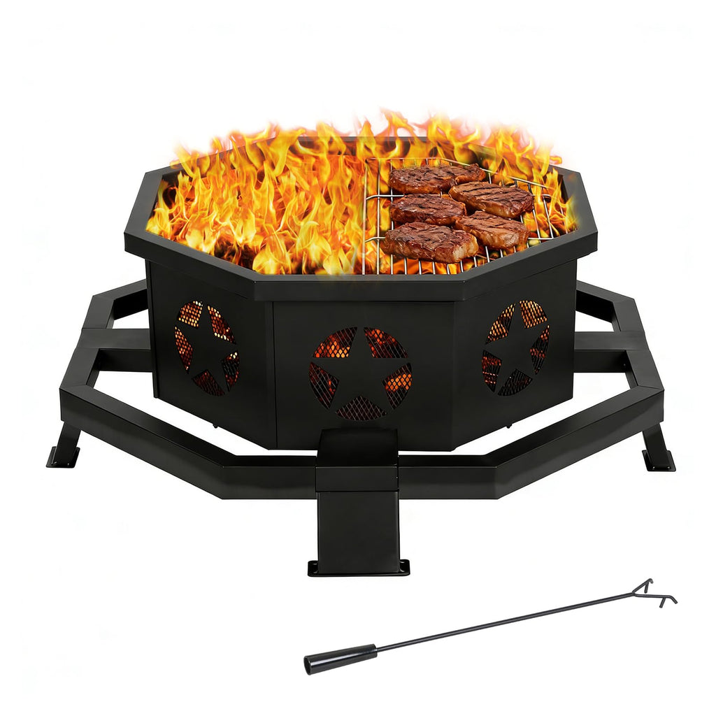 31 Inch Fire Pit, Octagonal Outdoor Fire Pit, 2 in 1 Wood Burning Fire Pits with Cooking Grill, Smokeless FirePit for