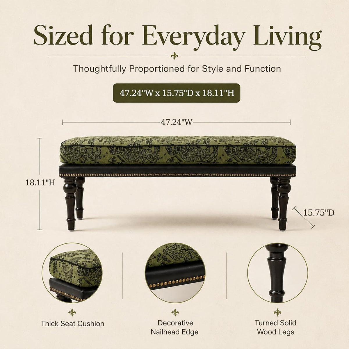 47" Upholstered Bed End Bench , Vintage Bed Bench | Vintage Solid Wood Bench with Detachable Washable Cover, Pattern