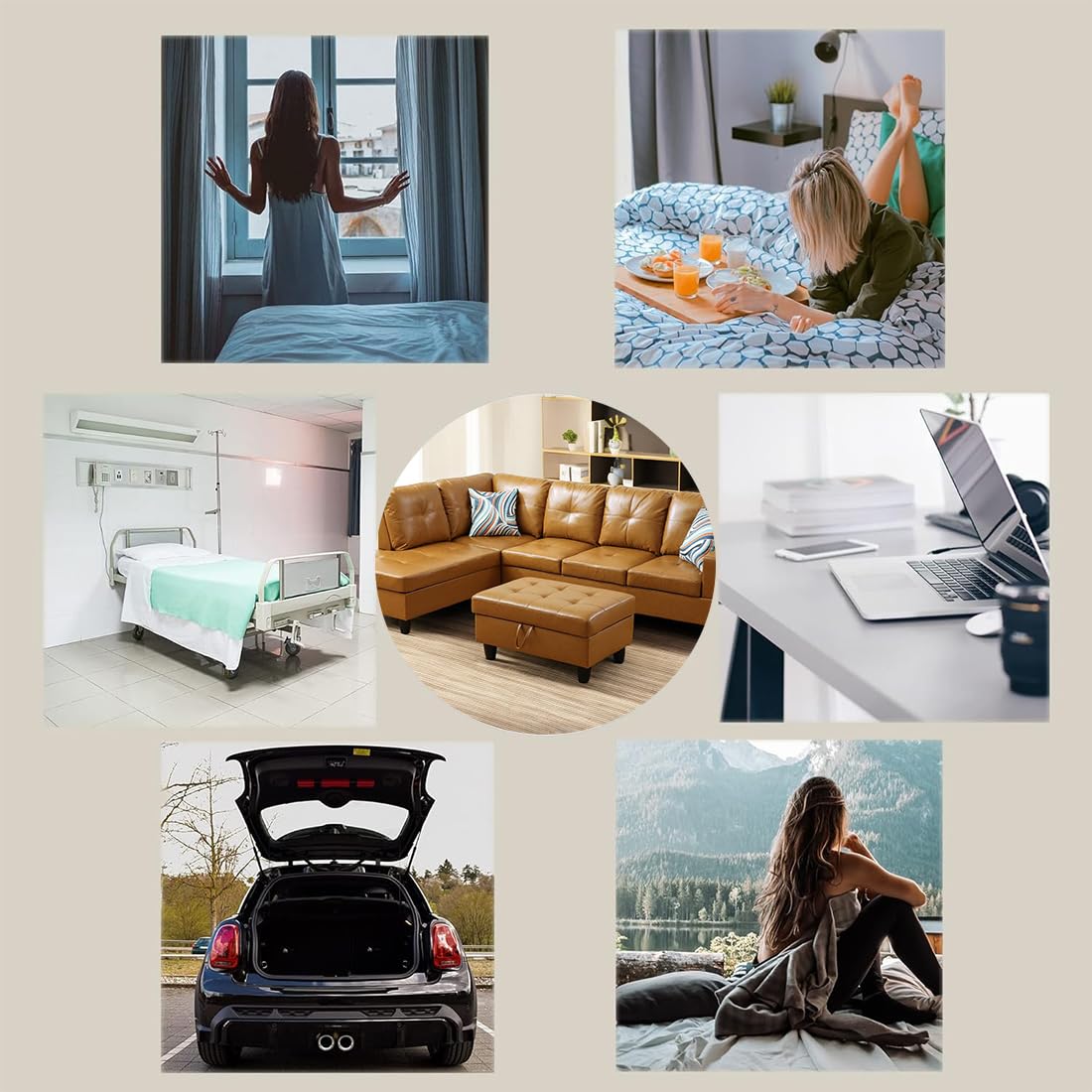 L Shaped Couch, Faux Leather Sectional Couches, Modern Living Room Furniture Sets Sofa in 3PCS /Office (B-Ginger