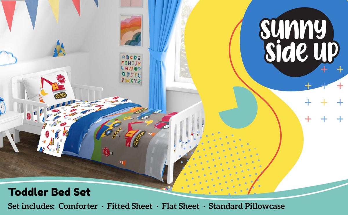 Construction Zone Toddler Comforter Set - 4 Piece Preschool Bedding Includes Comforter, Sheets & Pillow Cover - Super