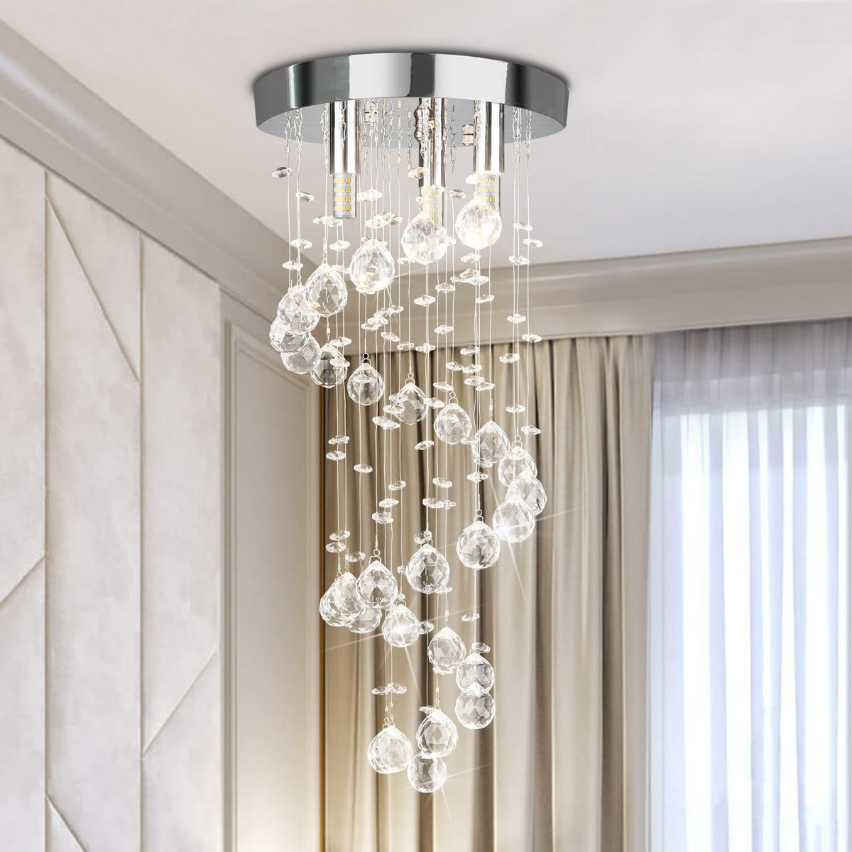 3-Light Spiral Raindrop Crystal Chandelier, Modern Fixture for Small Rooms