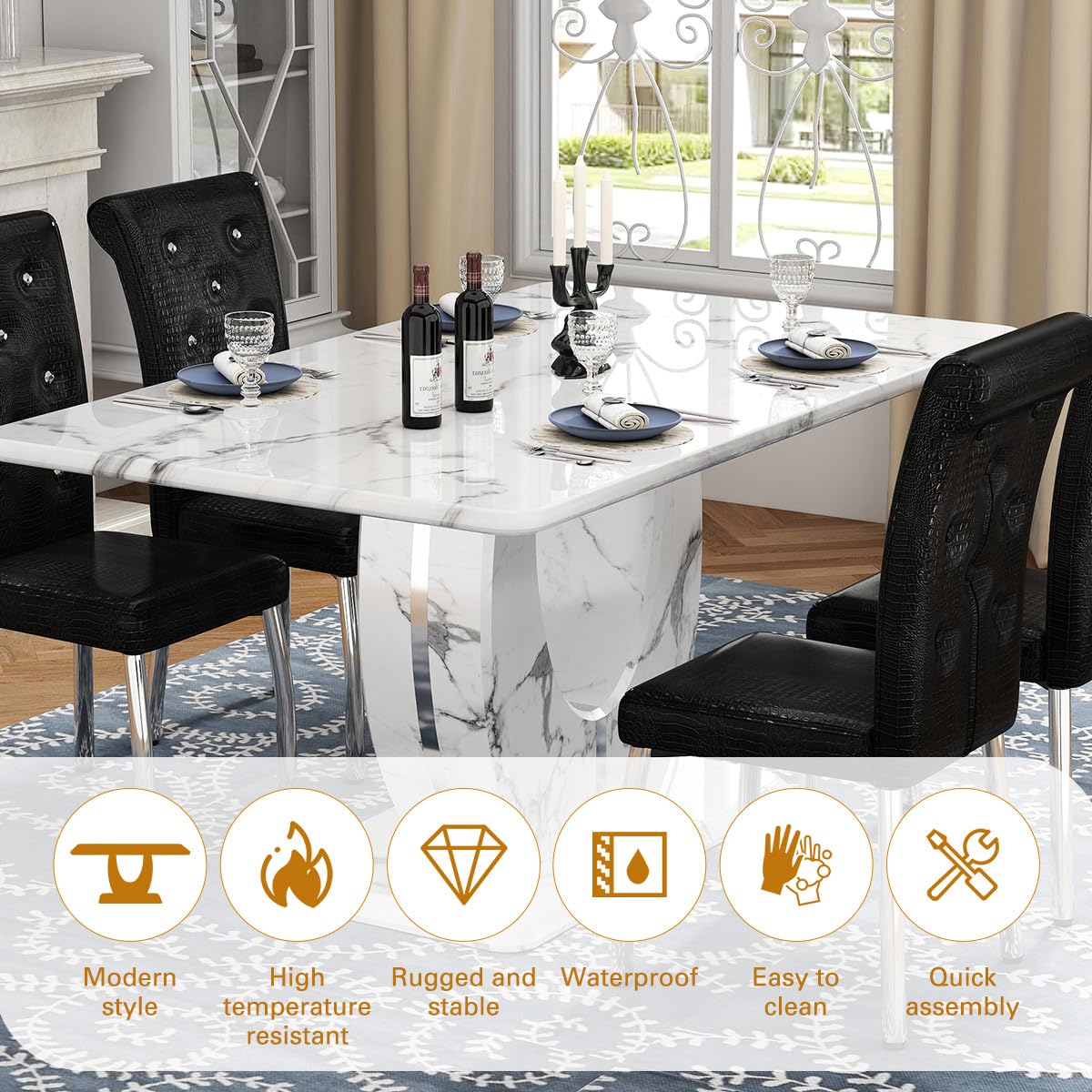 Modern Faux Marble Dining Table Set for 4, 63" White Rectangular Kitchen Table with Elegant U-Shaped Pedestal Base &