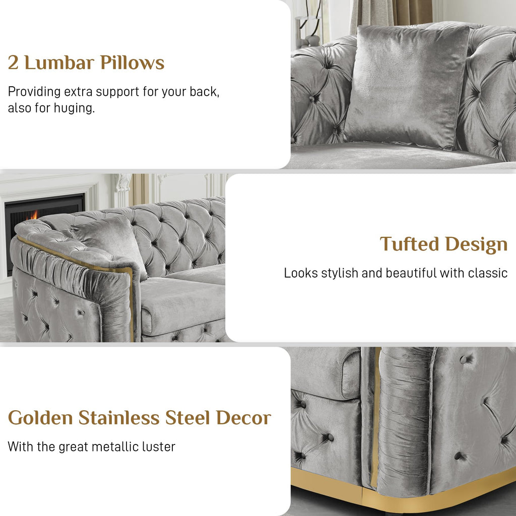2-Piece 84.6" Sofa Set Chesterfield Tufted with Gold Legs, Grey