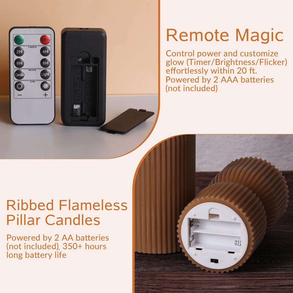 Brown Ribbed Fall Flameless Pillar Candles with Remote Set of 2