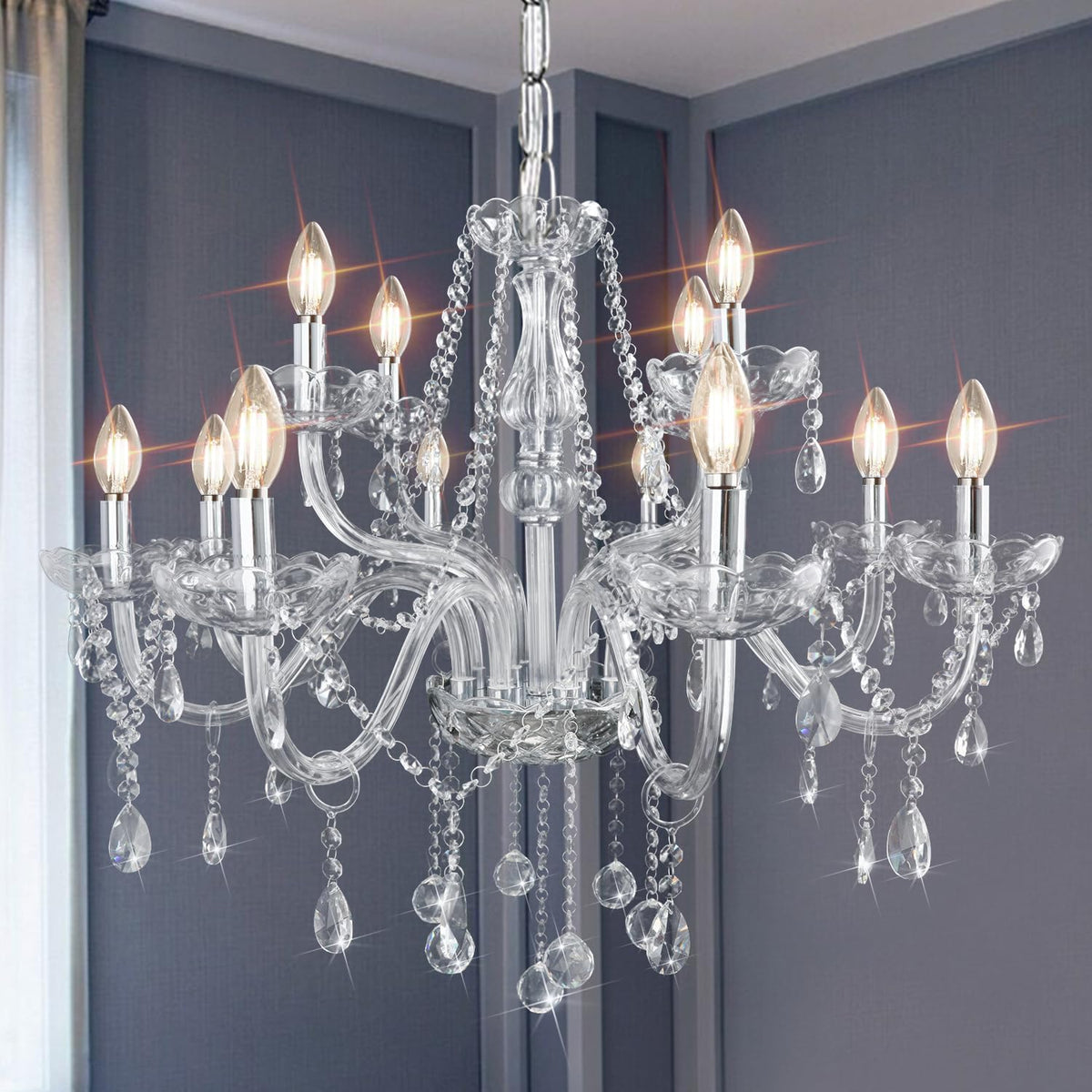 Vintage-Style Twelve-Light K9 Crystal Chandelier with Faceted Drops