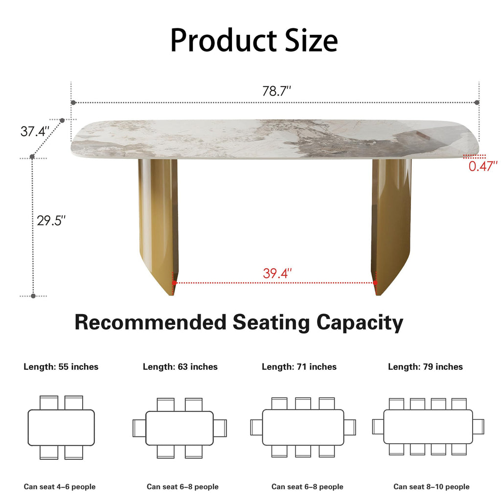 Rectangular Dining Table for 8-10 People, 79 inch Luxury Kitchen Table with Sintered Stone Tabletop and Gold Metal