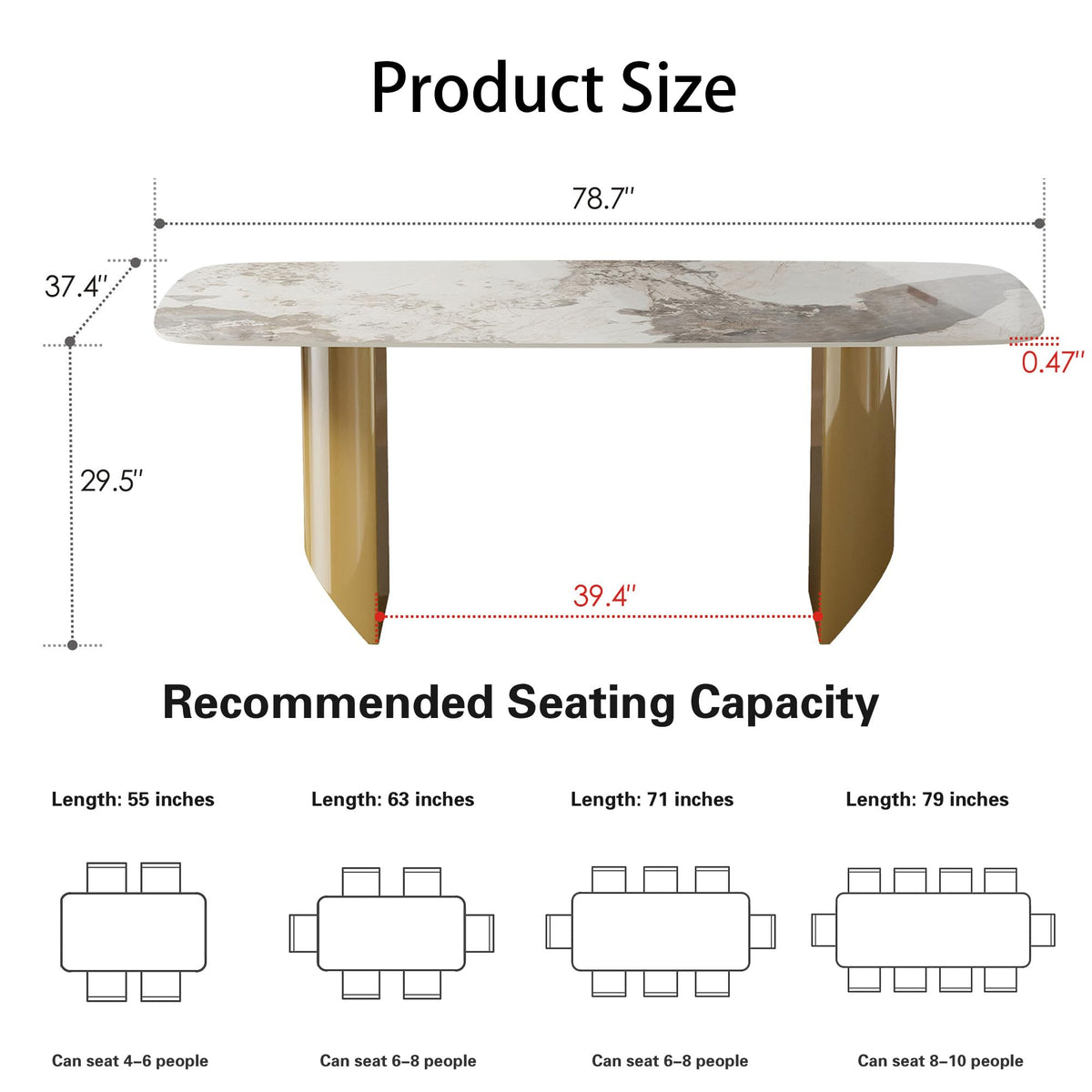 Rectangular Dining Table for 8-10 People, 79 inch Luxury Kitchen Table with Sintered Stone Tabletop and Gold Metal