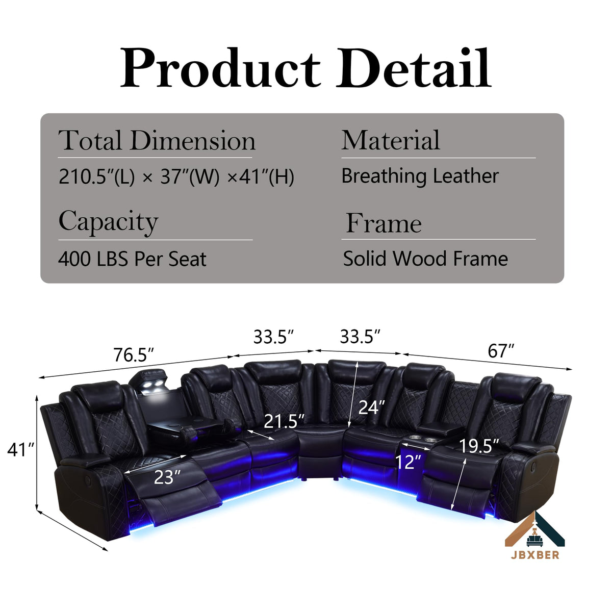 Power Recliner Sectional Sofa Set, Leather Recliner Sofa Sets, L-Shaped Corner Sectional Couch Sets with LED Lights