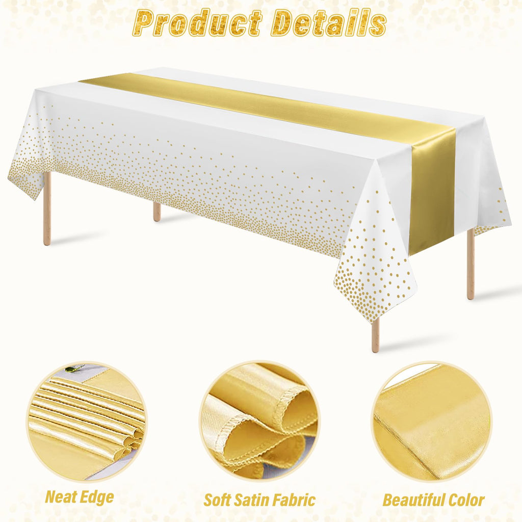 24 Pack White and Gold Tablecloth and Table Runner Set Party Decorations, White and Yellow Gold Plastic Disposable