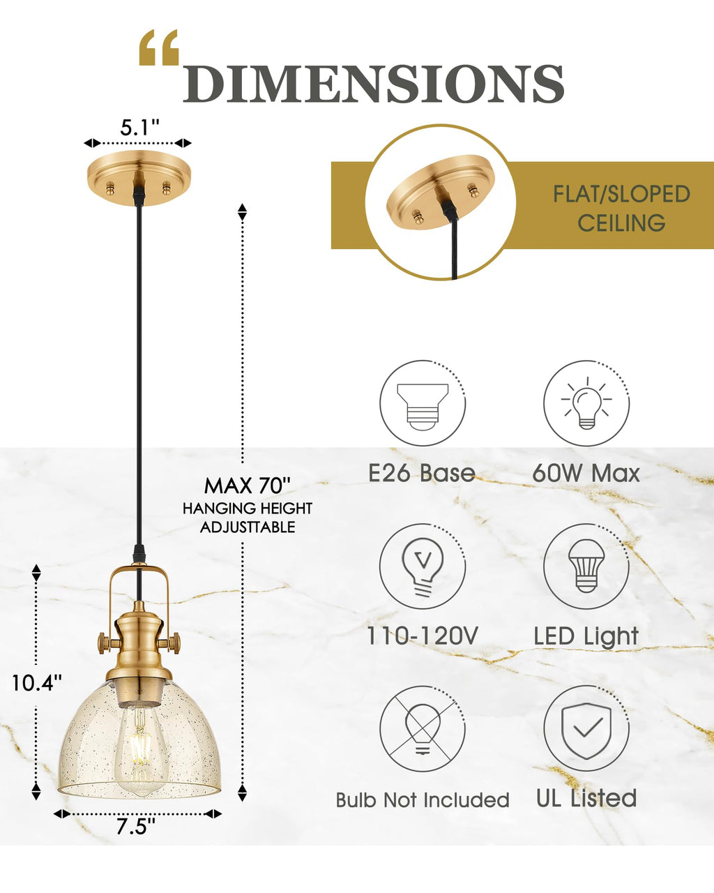 7.5" Brushed Gold Pendant Light Kitchen Island, Amber Shade