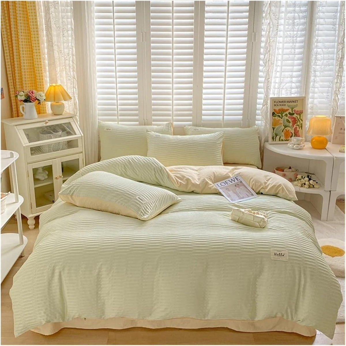 Double Faced Seersucker Fabric Bedding Set Soft Double Duvet Cover Bedding Set(Green)