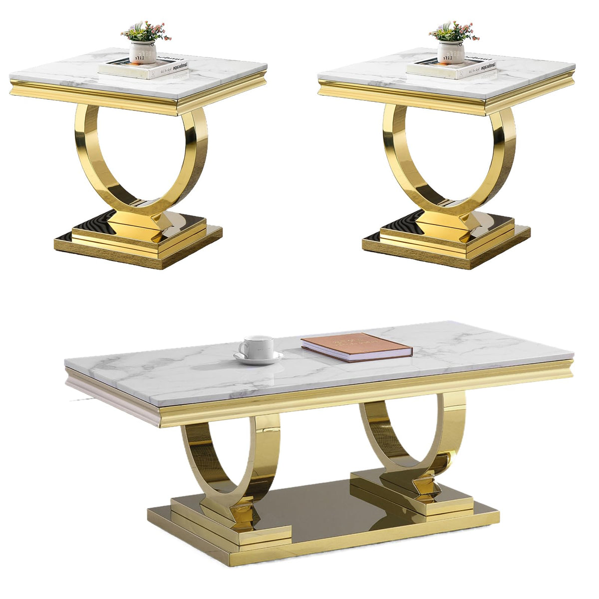 Modern 3 Piece Living Room Table Set, Includes 1 Coffee Table & 2 End Tables, Luxury Faux Marble Coffee End Table Set