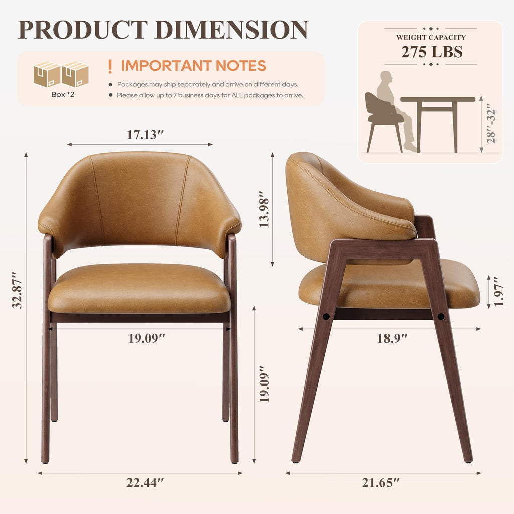 Wooden Dining Chairs Set of 4, Faux Leather, Curved Open Back, Brown