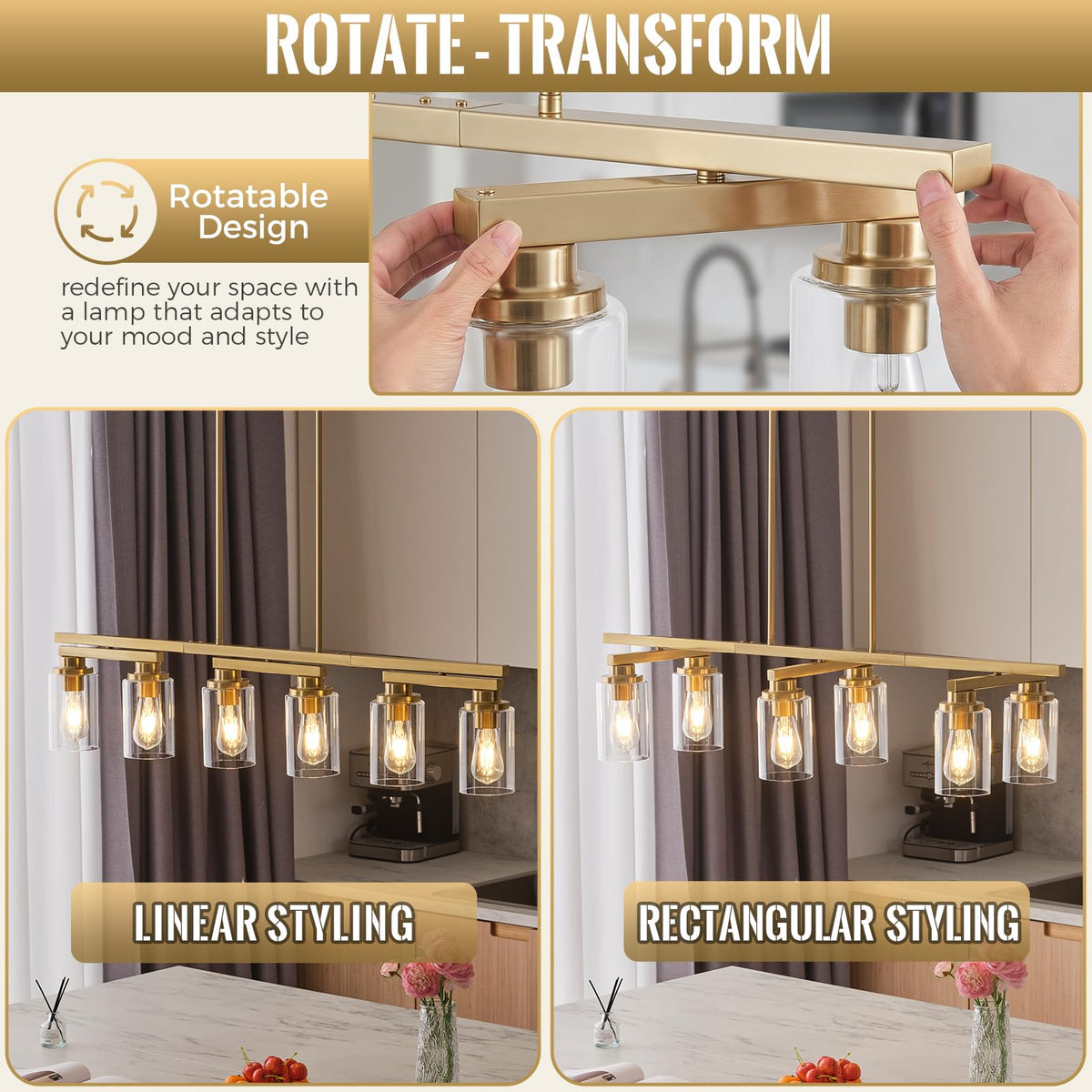 Brushed Gold Linear Chandelier,43.3" Dining Room Light Fixture