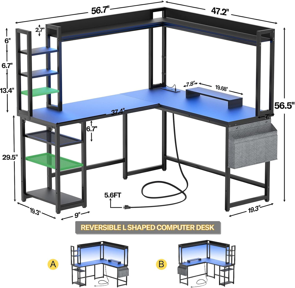 L Shaped Desk Gaming Desk with Power Outlet & LED Light & Monitor