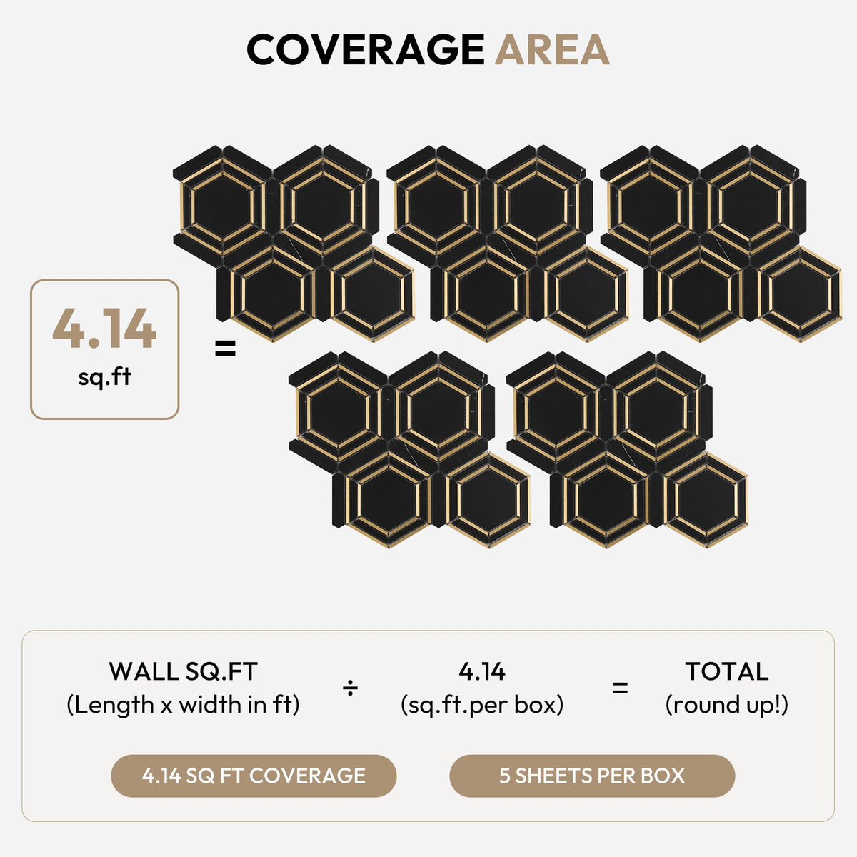 Natural Black Marble 3 Inch Hexagon Mosaic Tile, Polished, 5 Sheets