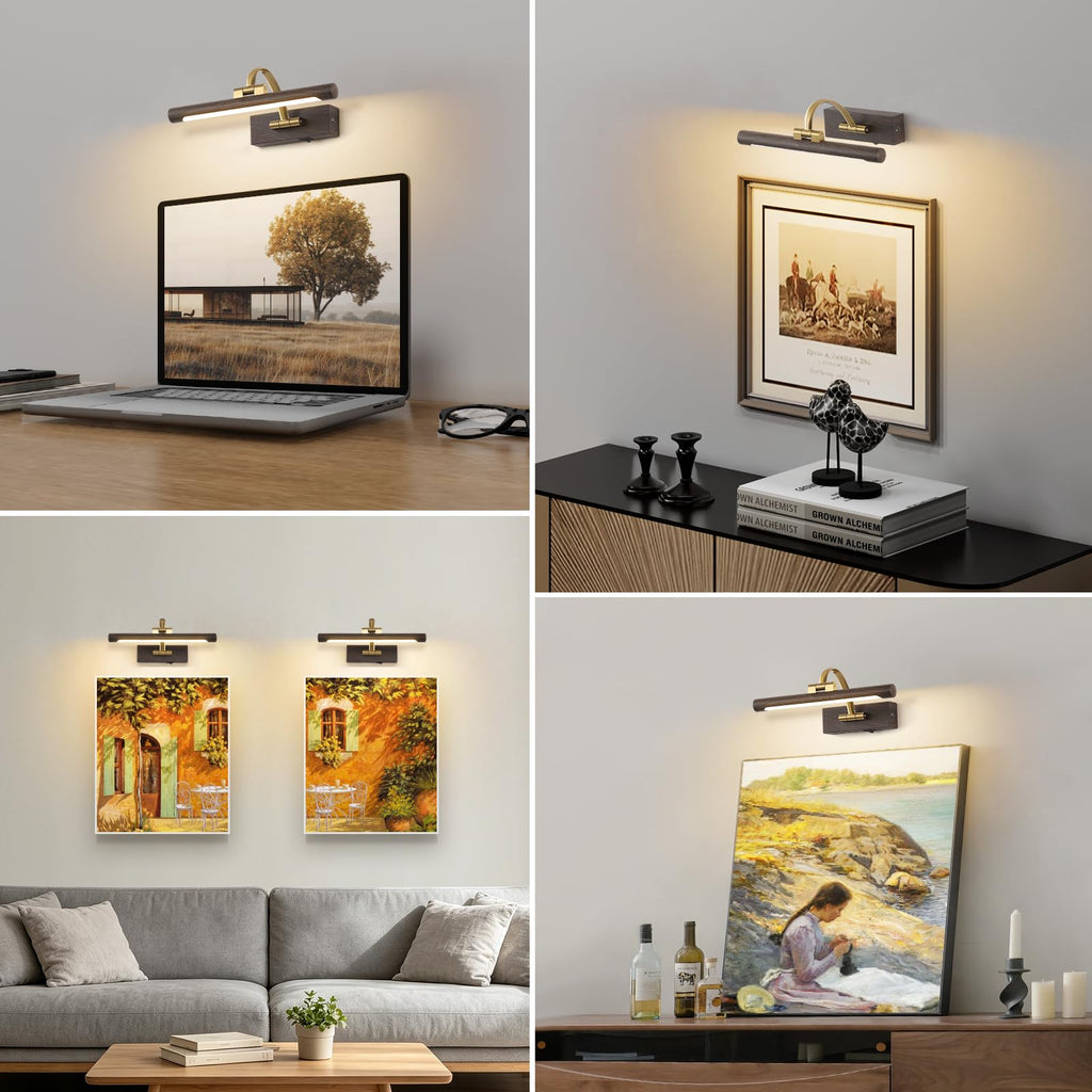 LED Picture Lights for Wall Rechargeable, Battery Operated Art Light for Paintings (Wood Grain, 12inch)
