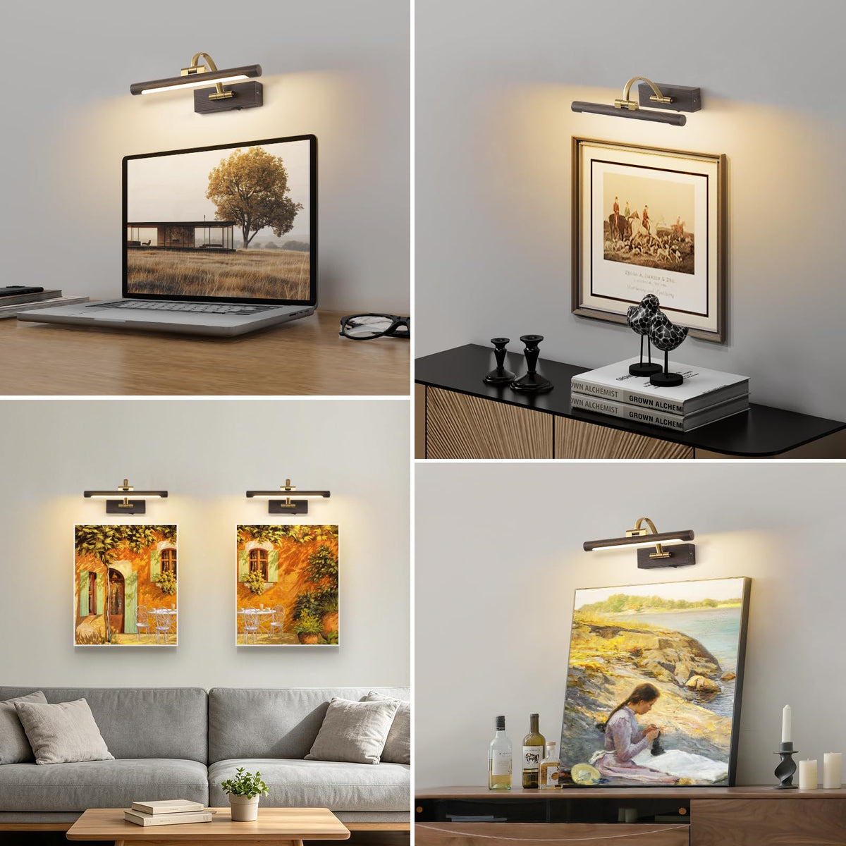 LED Picture Lights for Wall Rechargeable, Battery Operated Art Light for Paintings (Wood Grain, 12inch)