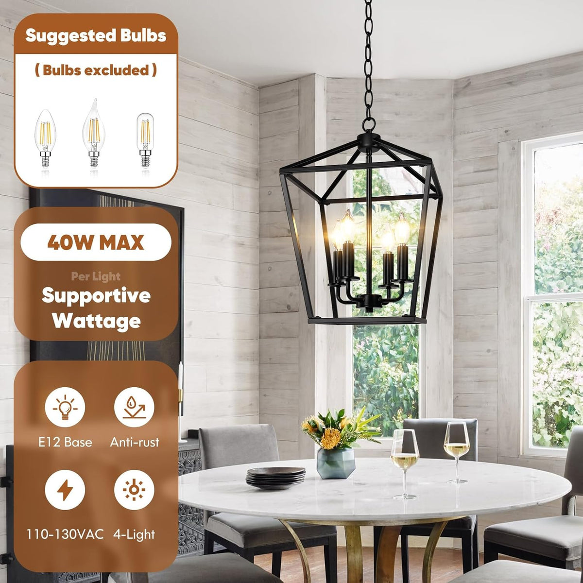 Farmhouse Chandelier 4-Light, Black Pendant Light Fixture for Kitchen Island Dining Room