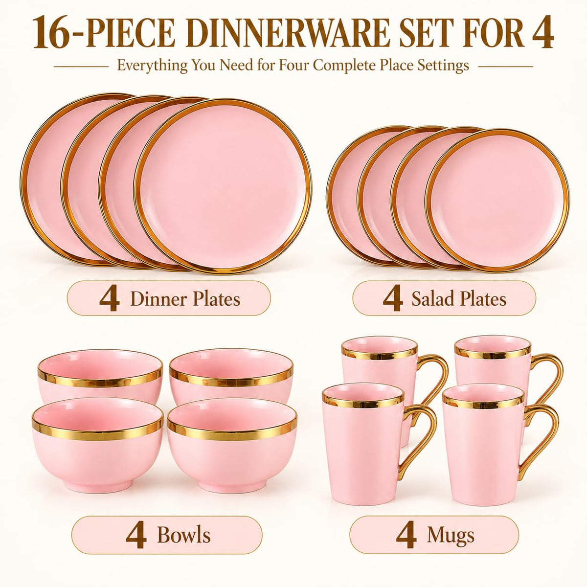 Pink and Gold Dinnerware Set for 4, 16-Piece Porcelain Gold Rim