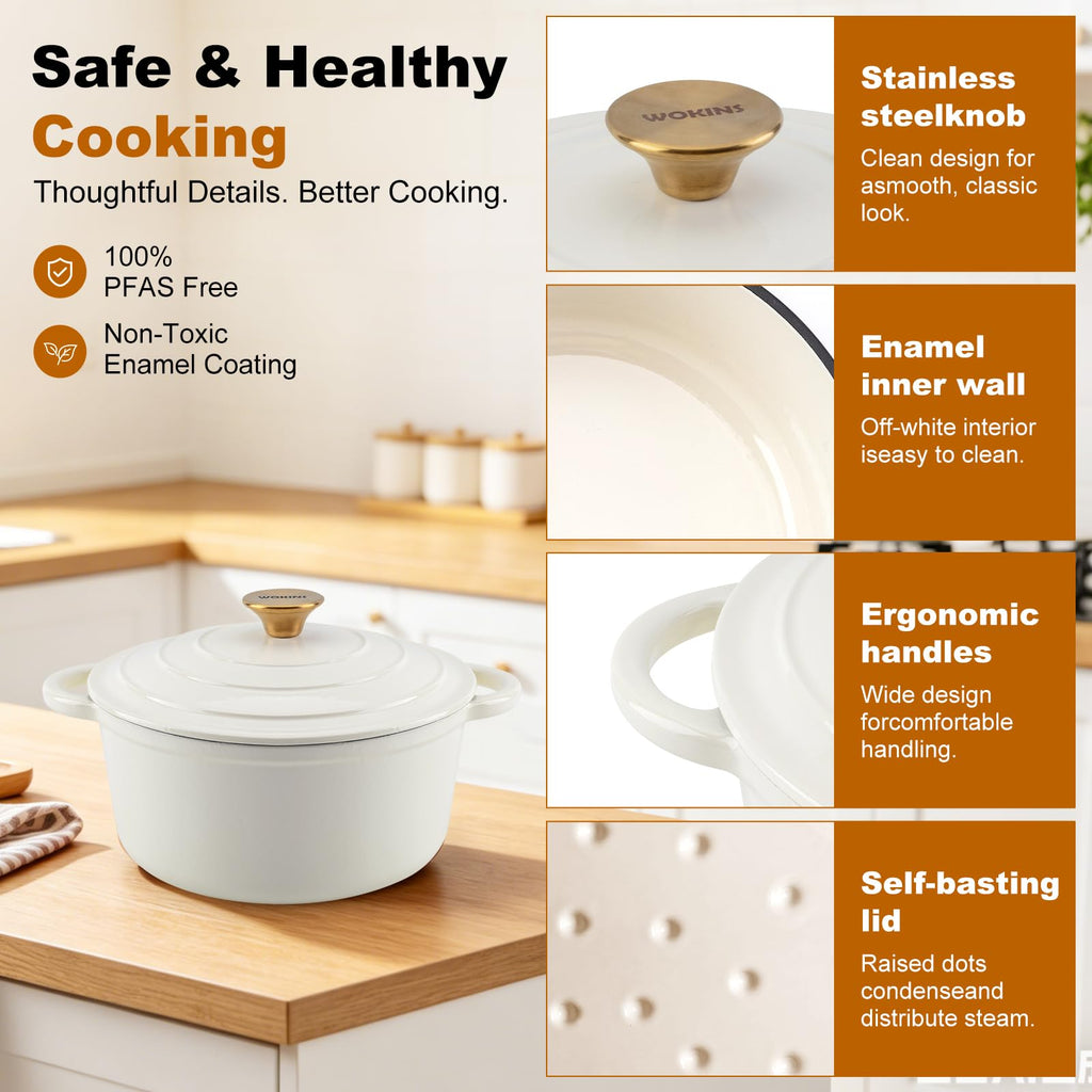 Enameled Cast Iron Round Dutch Oven -7QT Pot With Lid,Cream
