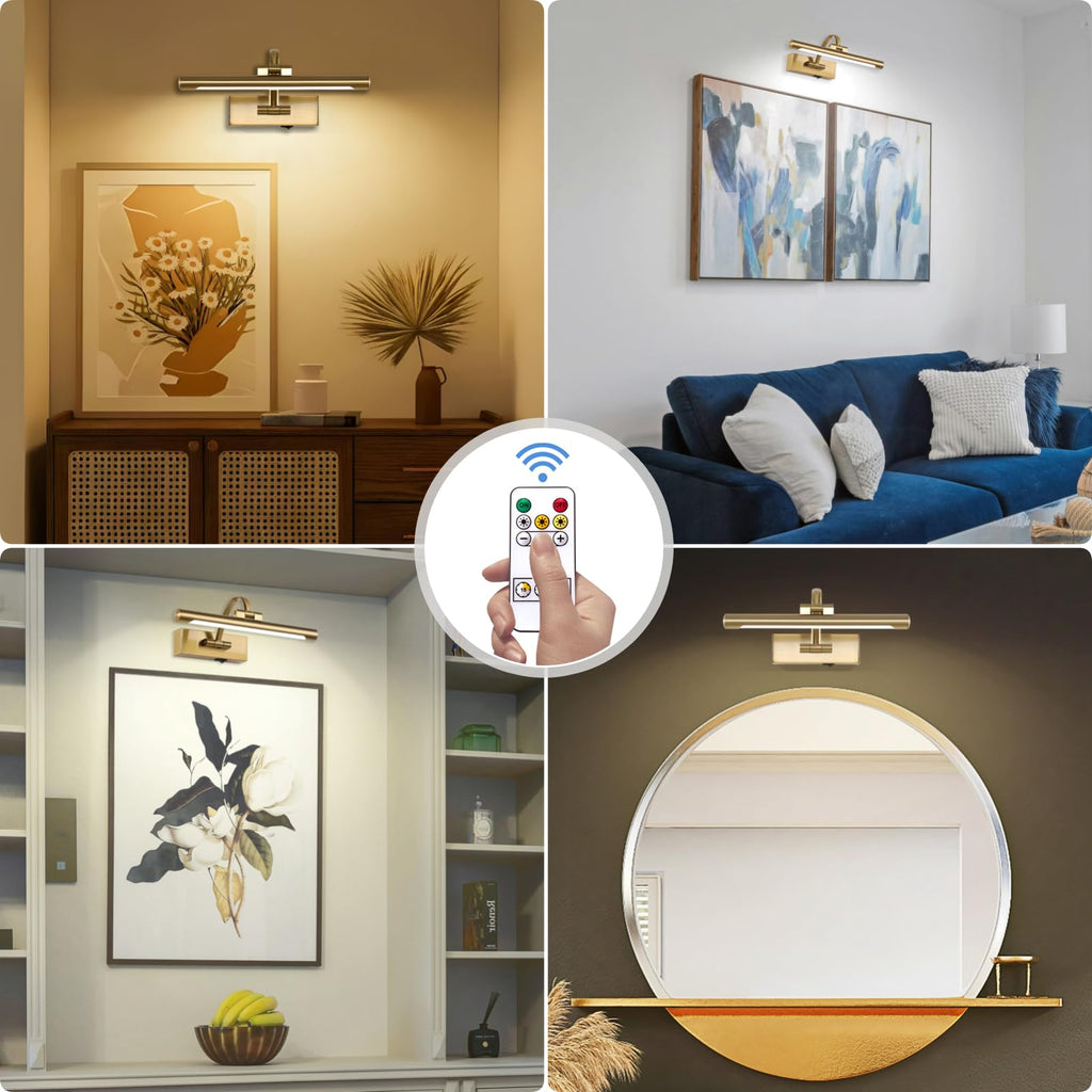 Rechargeable Picture Light with Remote Control,12 Inch Brass Finish Adjustable Wireless Art Lighting Fixture,Painting
