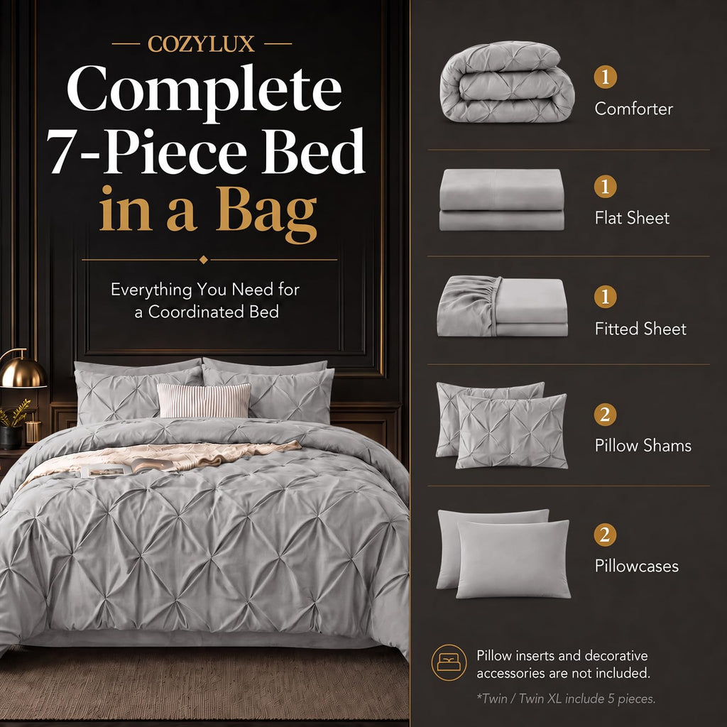 Queen Comforter Set French Grey, 7 Pieces Pintuck Bed in a Bag