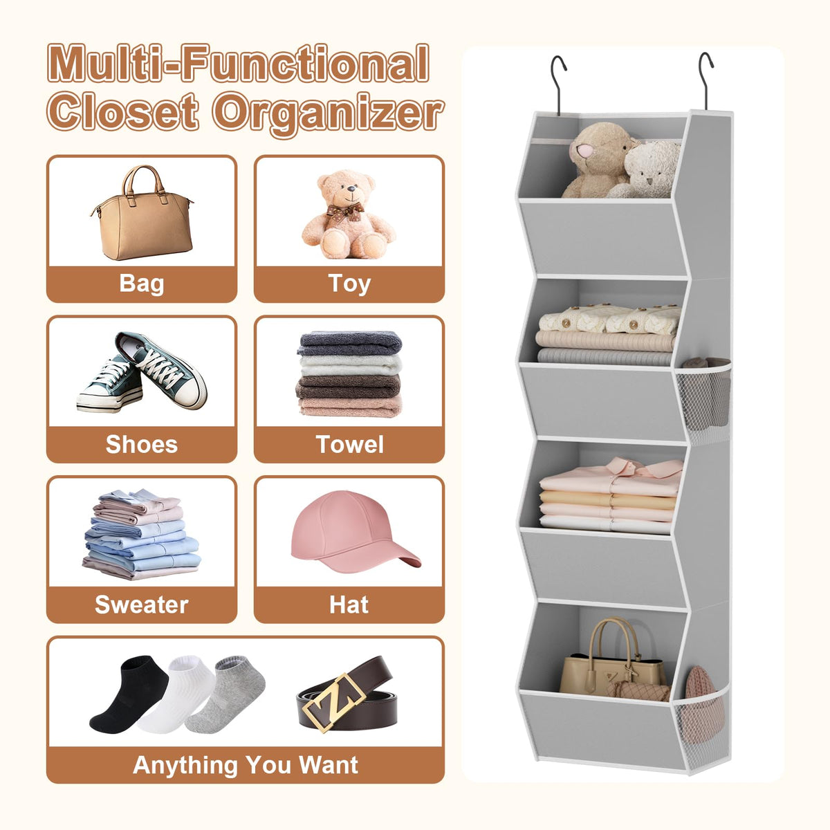 Closet Organizers and Storage Hanging with Mesh Pockets for Clothes, Grey