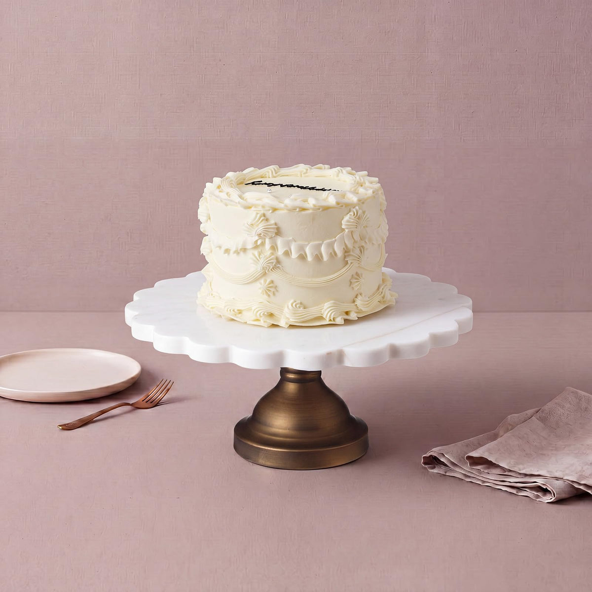 12" Marble Cake Stand, Scalloped Rim Dessert Platter, White