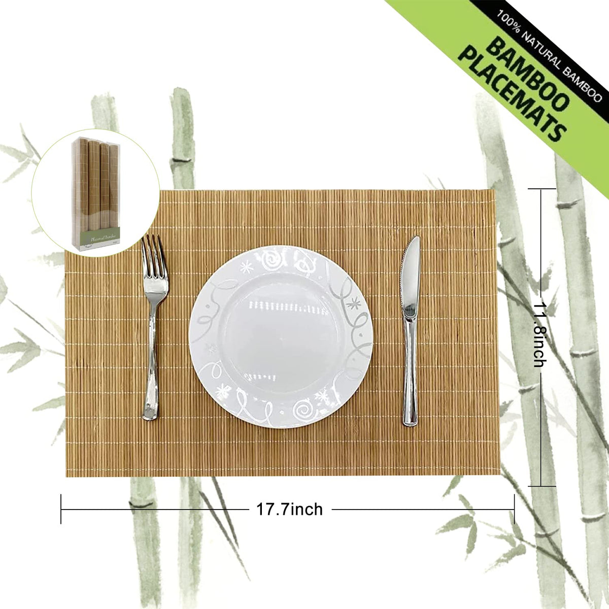 Set of 8 Pcs Bamboo Placemats Sushi Rolling Mat Japanese Style Natural Anti-Slip, Washable Heat-Resistant Table Mats