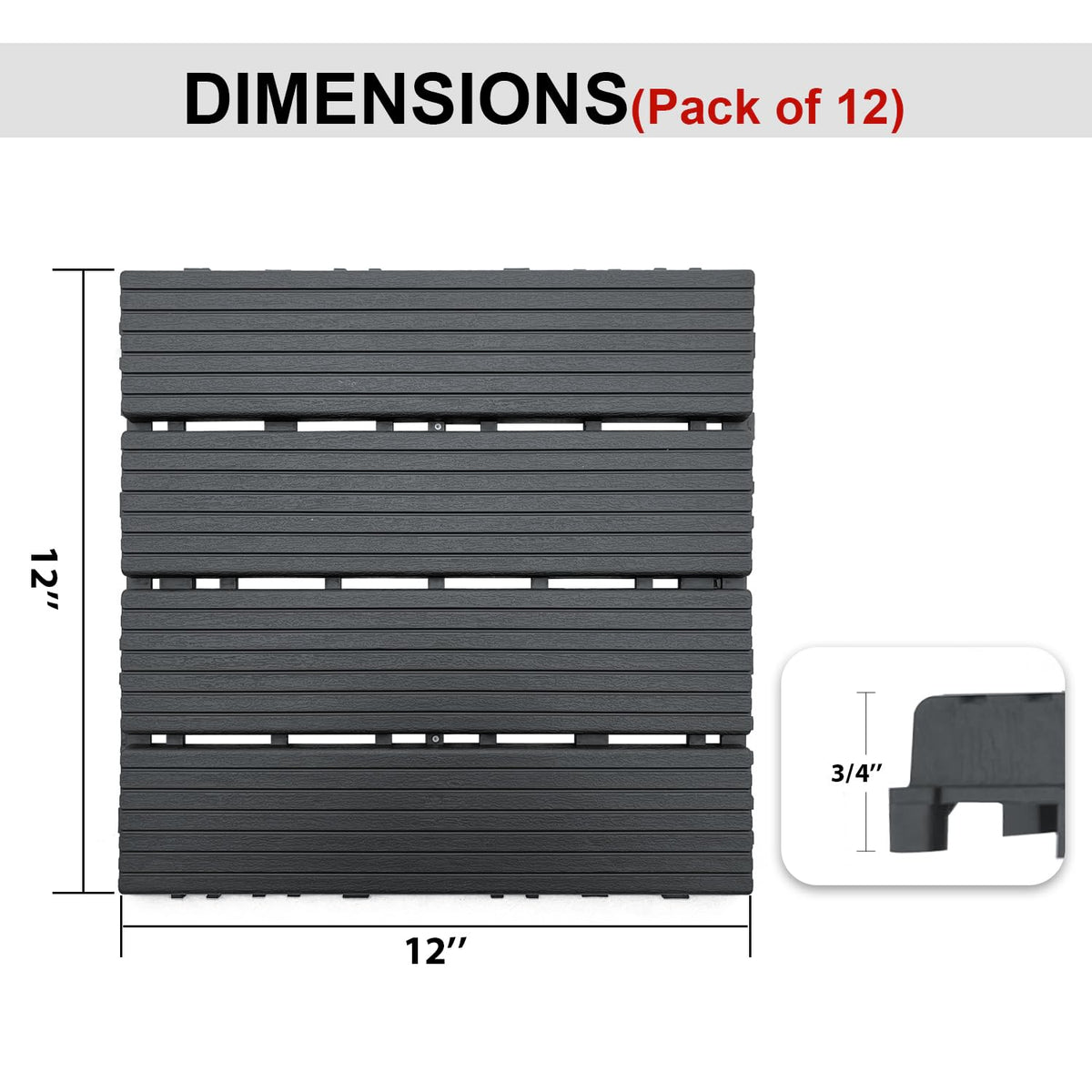 12 PCS Plastic Interlocking Patio Deck Tiles - 12" x 12" Waterproof Indoor Outdoor Flooring, Patio Floor Decking for Balcony, Backyard, Garden & Poolside, All Weather Use, Dark Grey