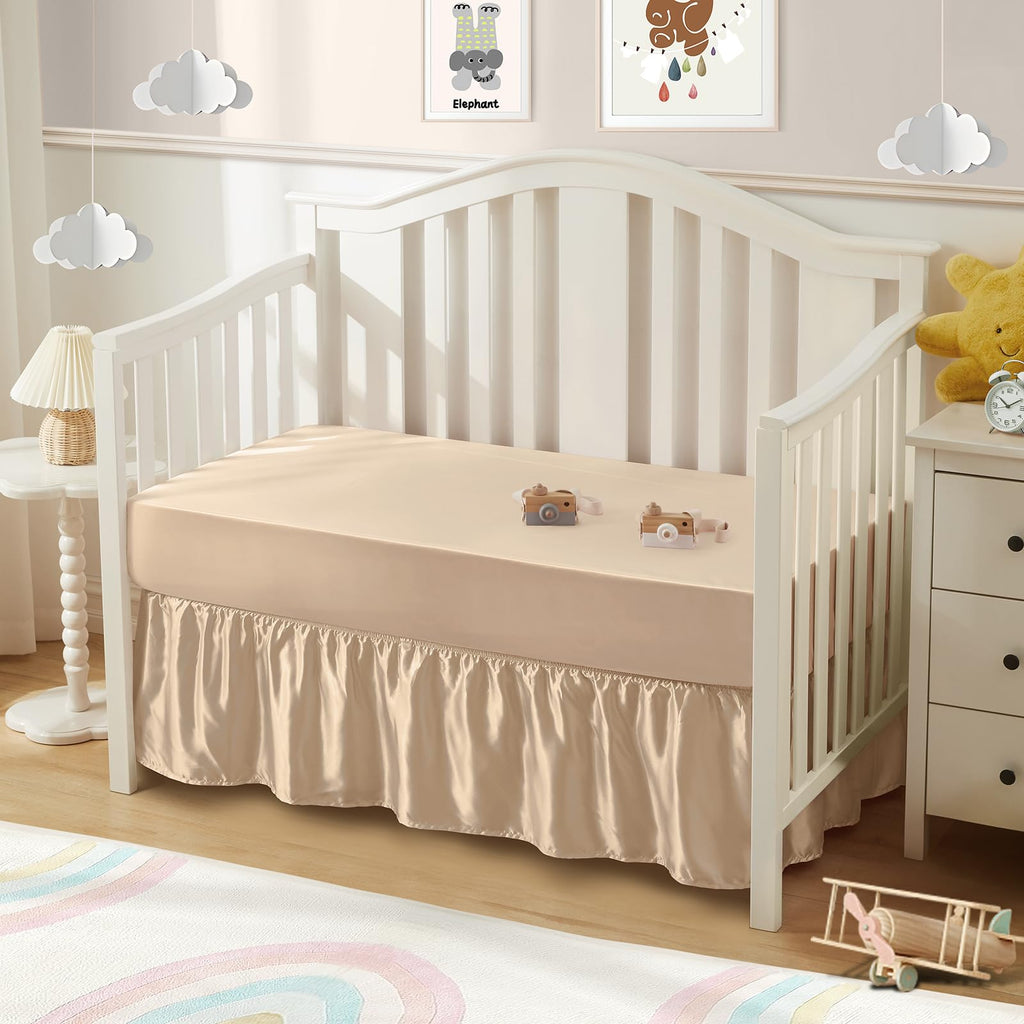 2-Piece Set Satin Crib Sheets & Crib Bed Skirt, Beige