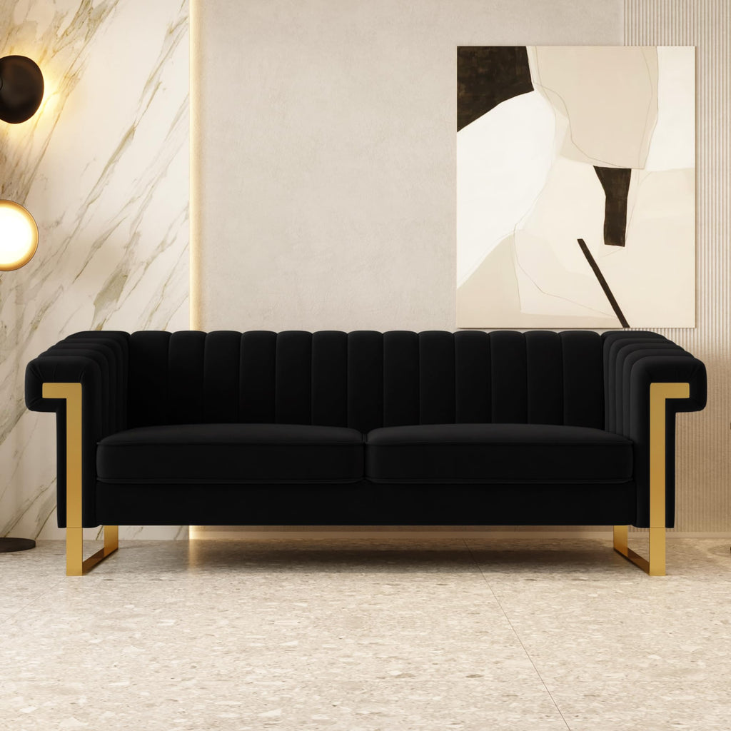 Mid-Century Modern Black Sofa with Gold Metal Legs, 83.86" Luxury Chesterfield Comfy Couches (, Black)