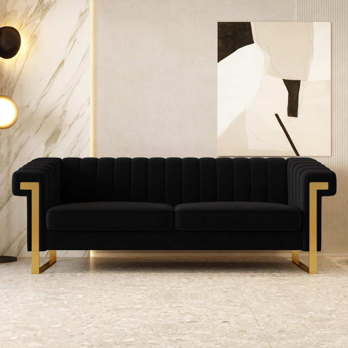 Mid-Century Modern Black Sofa with Gold Metal Legs, 83.86" Luxury Chesterfield Comfy Couches (, Black)