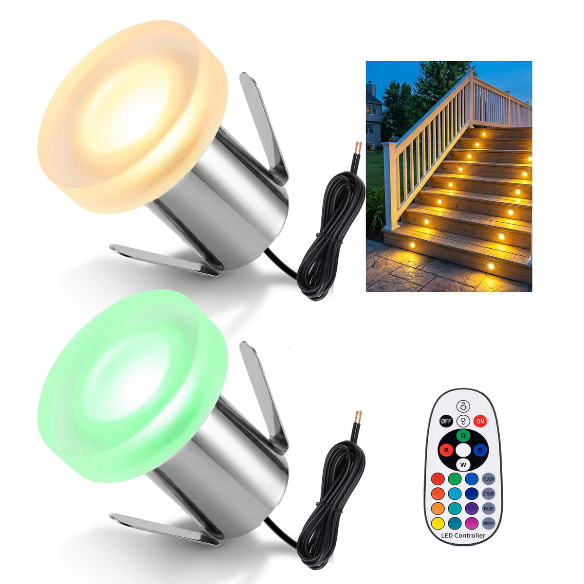Outdoor In-Ground Lights, 2 Pack Mini 3W 12V Low Voltage Well Lights, Warm White & 16 Colors, IP67 Waterproof