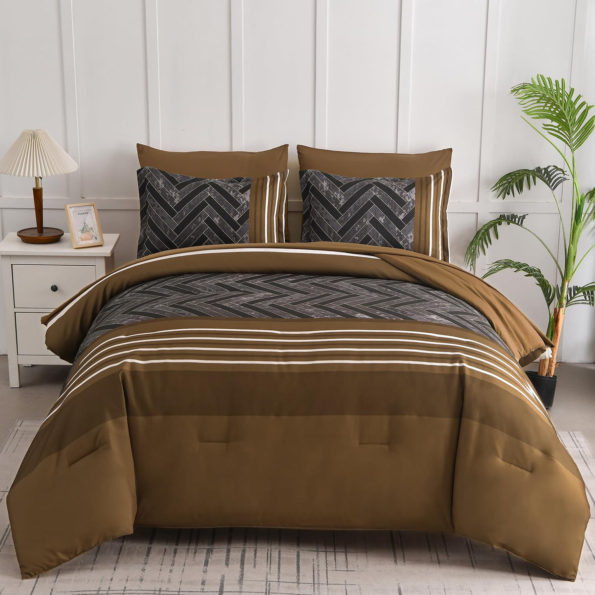 Brown Comforter Set Queen, 7 Pieces Boho Striped Bed in a Bag Set