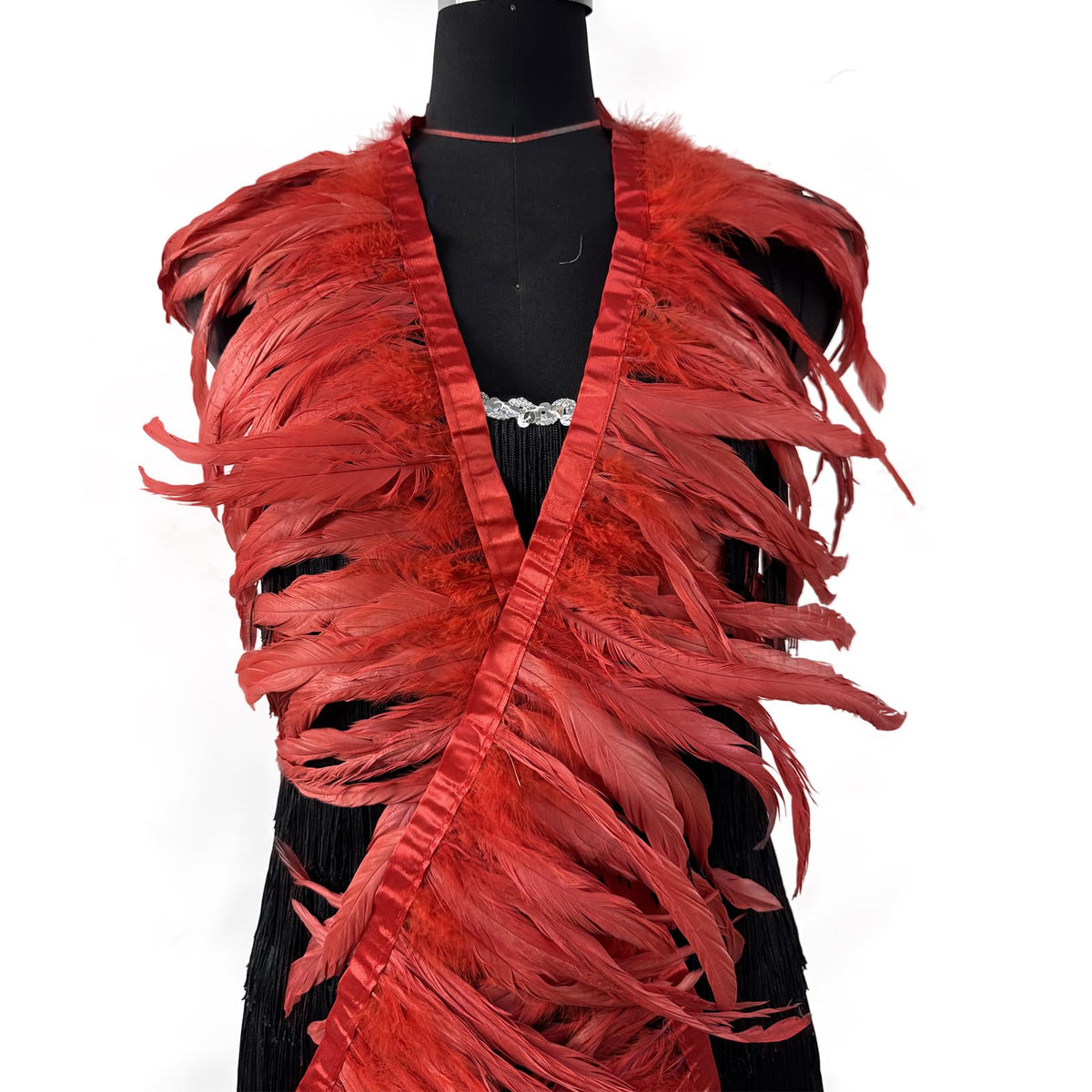 8-10" Rooster Hackle Feather Fringe Trim, Sewing Craft Feather for DIY Decorations-Red - 2 Yards