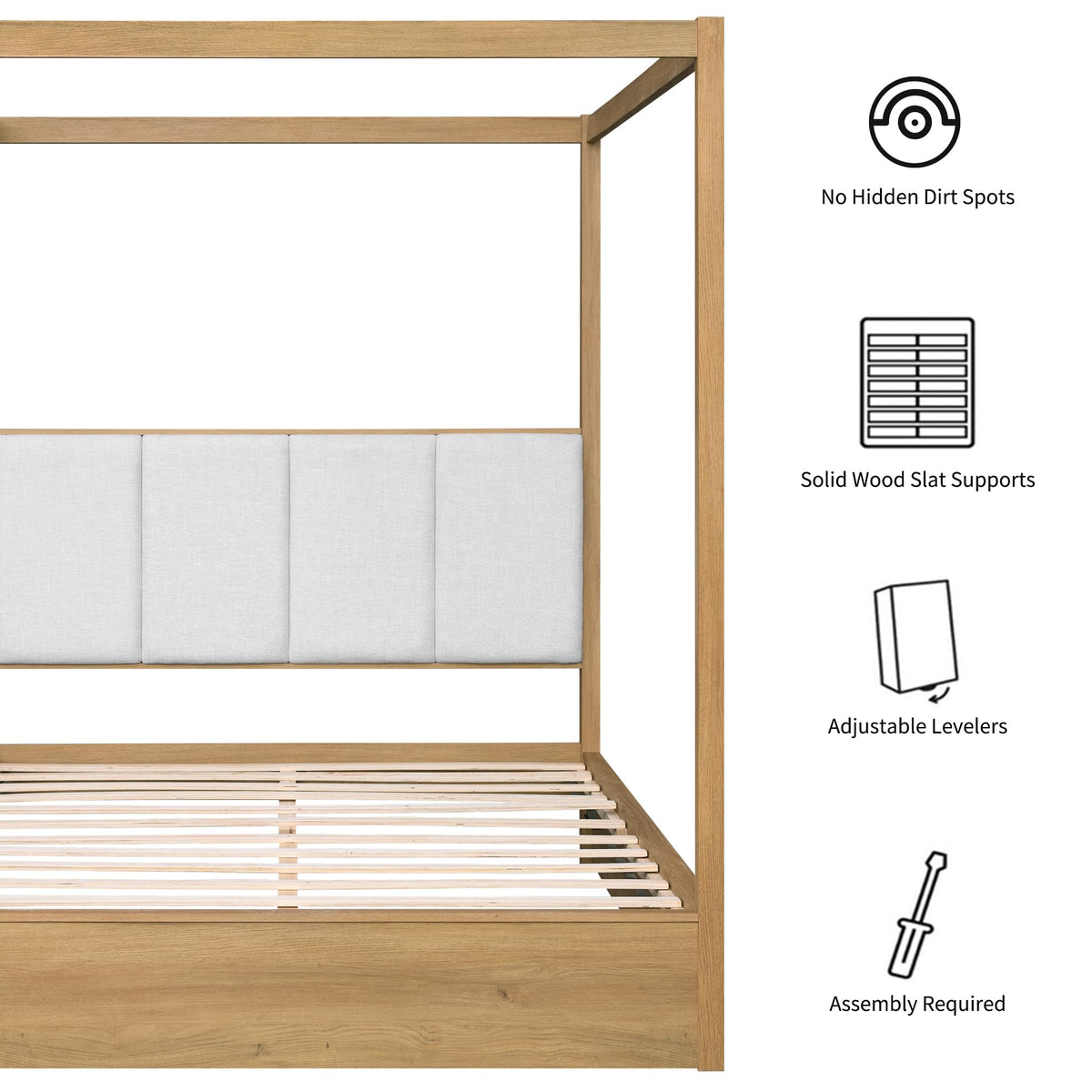 Wood Canopy Bed Frame Queen, Oak Bed w/Solid Wood Posters