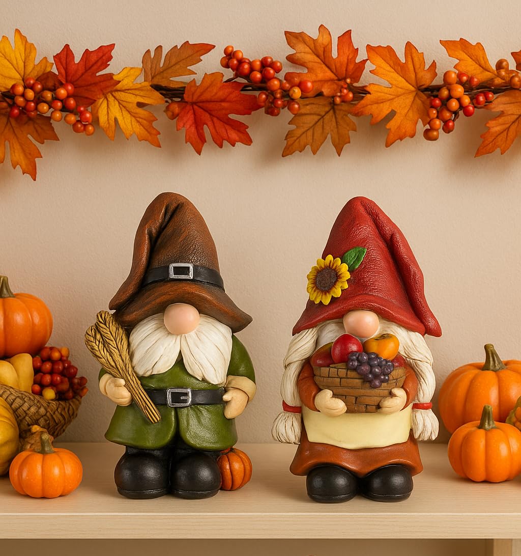 Thanksgiving Decorations Fall Figurines - 2 Pack Resin Harvest Figurines with Pumpkins, Wheat & Basket, Autumn Home