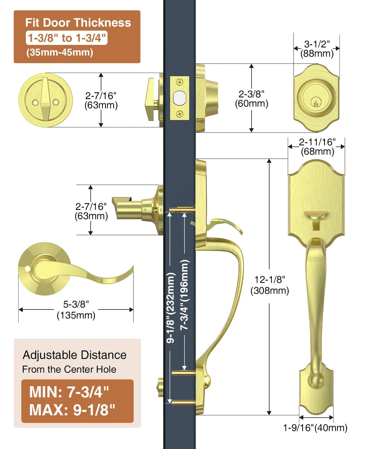 Brushed Gold Front Door Lock Set Classic Entry Door