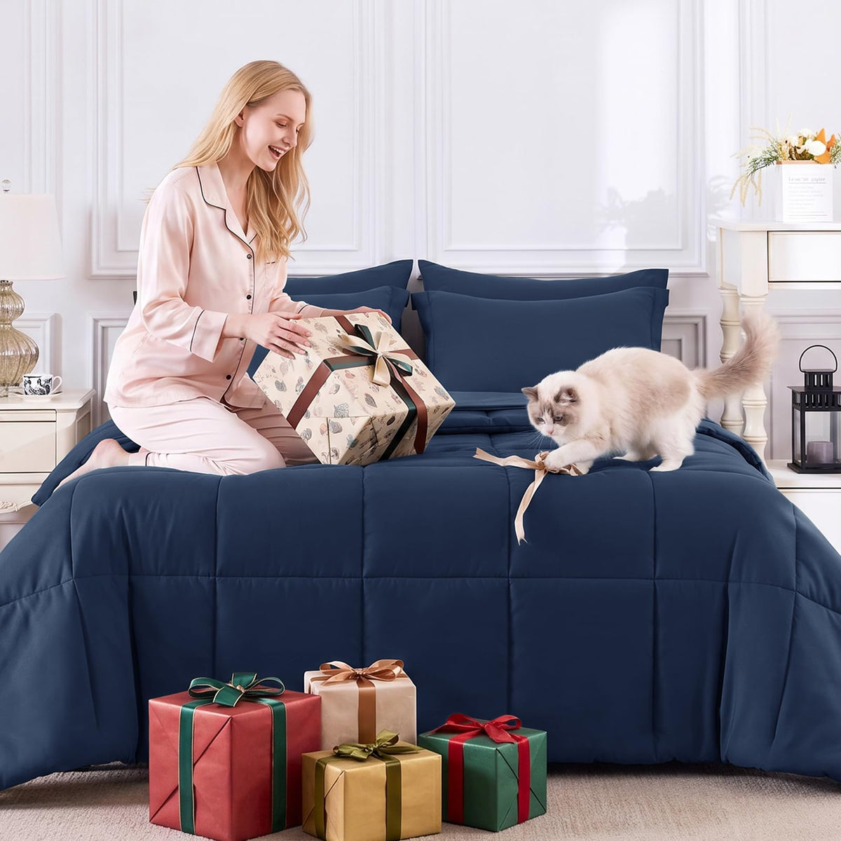 Oversized Comforter Set, 7-Piece Bed in a Bag, Navy Blue