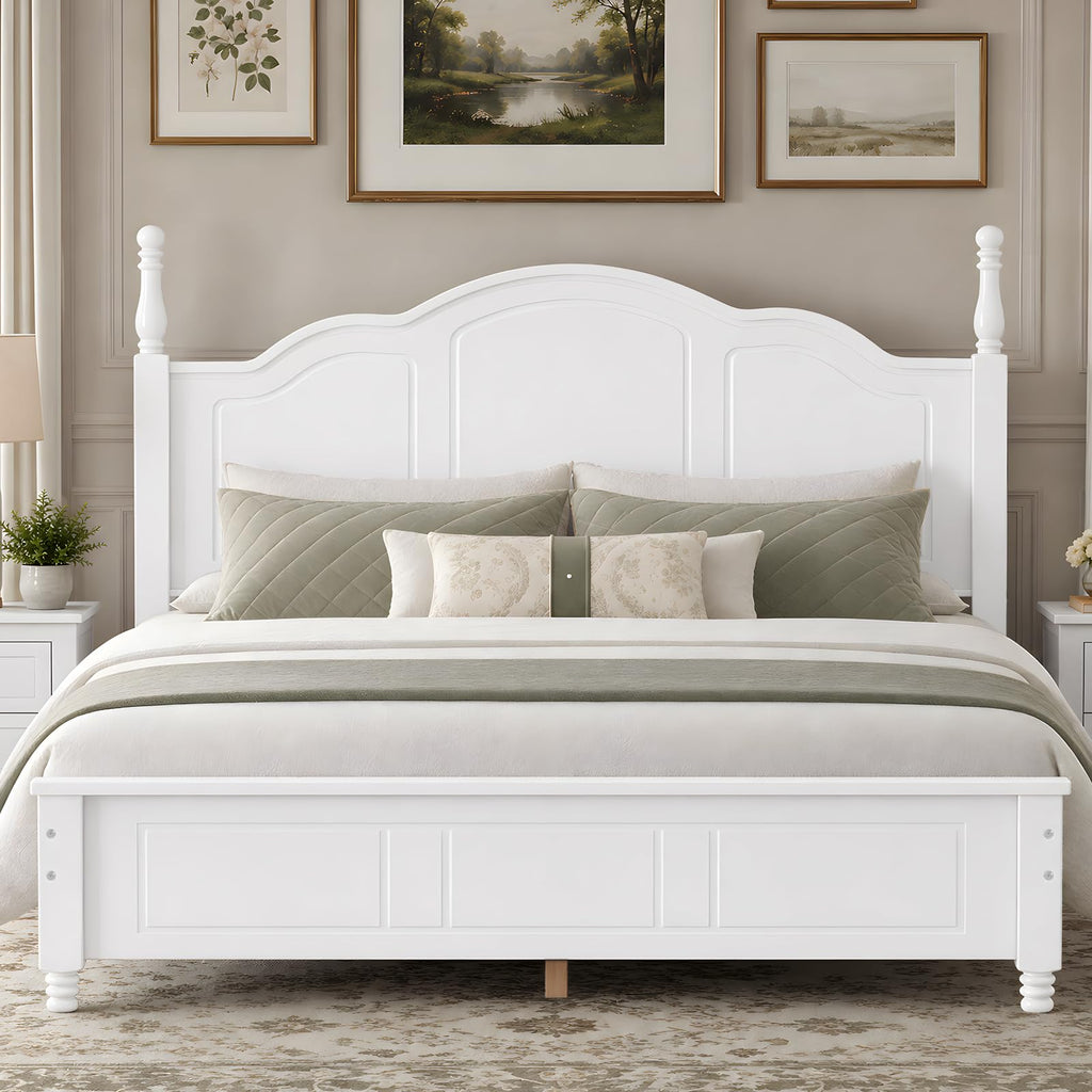 Farmhouse Bed Frame with Headboard, White Wood Platform Bed