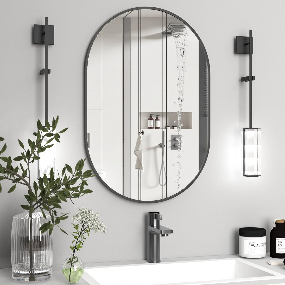 Oval Bathroom Mirror Capsule Wall Vanity Mirror, 24"x36" Pill Mirrors Wall Mounted Mirror, Large Modern Mirror