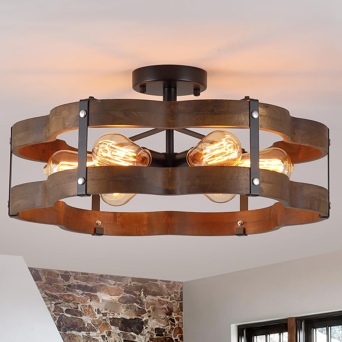 6-Light Rustic Farmhouse Wood Flush Mount Ceiling Light Fixture 20 inch Oak Wood and Metal Cloud Cage Semi Flush