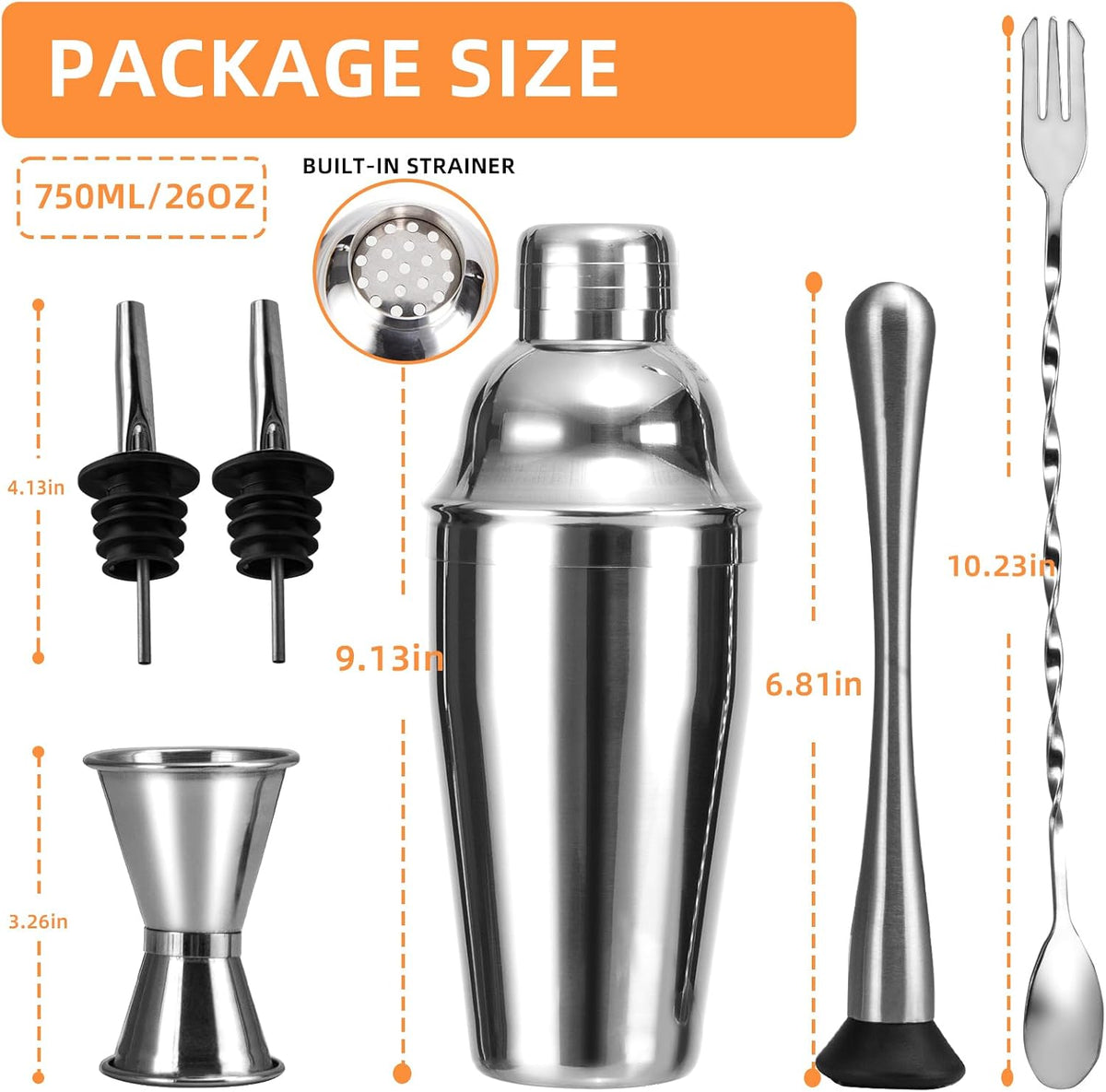26oz Professional Cocktail Shaker Set with Built-in Strainer,Martini and Margarita Shaker Bar, Boston - Set of 6