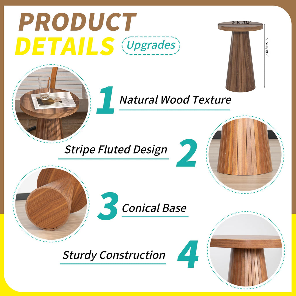Inspired Saarinen Style Small Round Pedestal Side Table, Wooden, Fluted Drink Table for Small Space, Modern Plant Stand Accent Table for