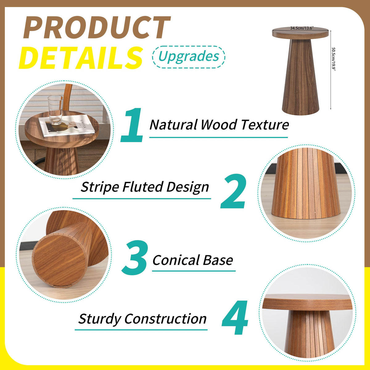 Inspired Saarinen Style Small Round Pedestal Side Table, Wooden, Fluted Drink Table for Small Space, Modern Plant Stand Accent Table for