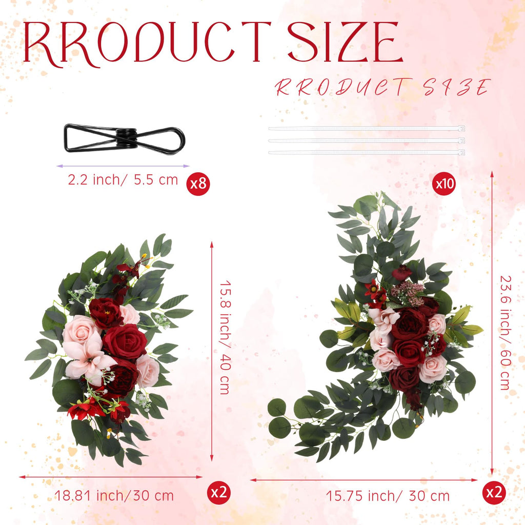 4 Pcs Fall Wedding Arch Flower Artificial Faux Floral Swag, Rose Red